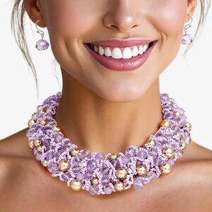 Lavender Bliss: Artistic Glass & Copper Bib Choker Necklace Set